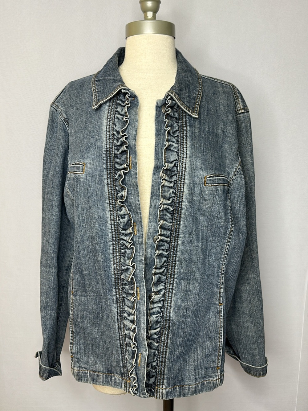 Womens Denim Jacket with Ruffle Trim - Blue